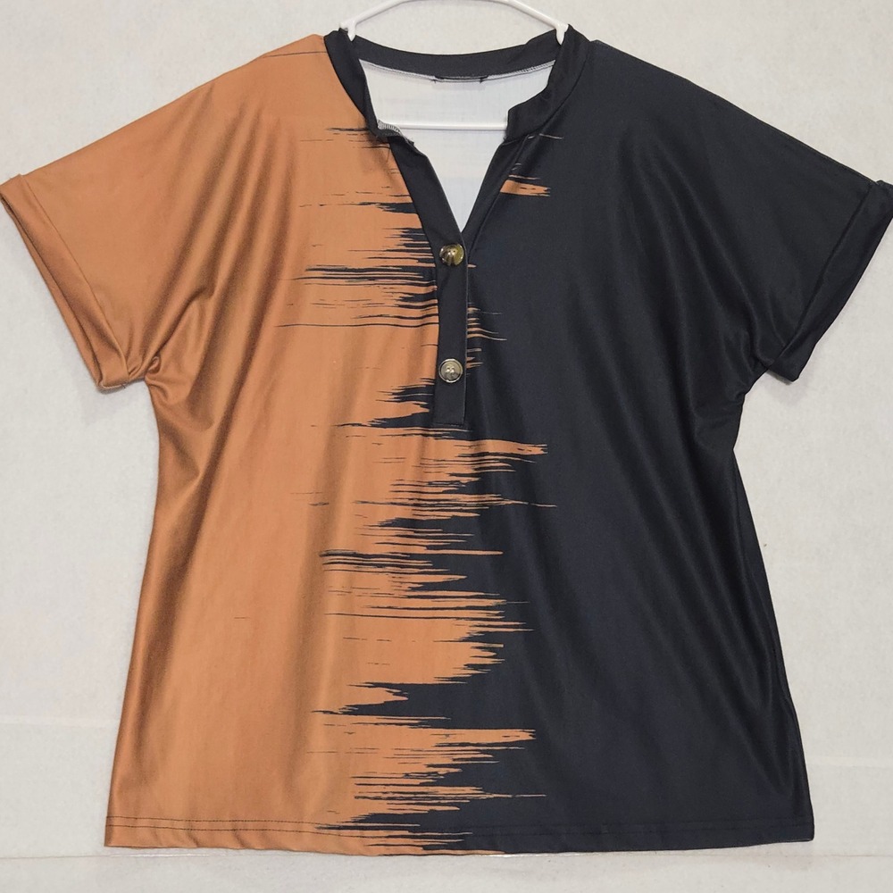 Izuria Womens Medium Black Brown Colorblock Brushstroke Henley Short‎ Sleeve Top